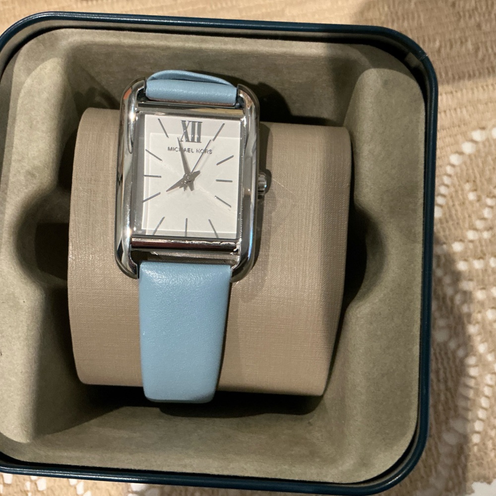 Michael Kors Watch MKO-1061 Women’s Silver Square Blue Strap ~Petite Monroe~NIB - Picture 5 of 6
